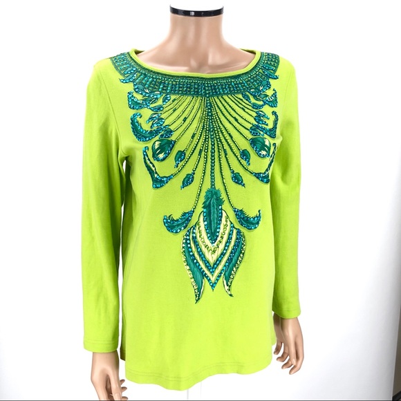 DIANE'S ESSENTIALS Top Embellished SIZE SMALL Lime Green Beaded Sequins Shirt - Picture 5 of 8